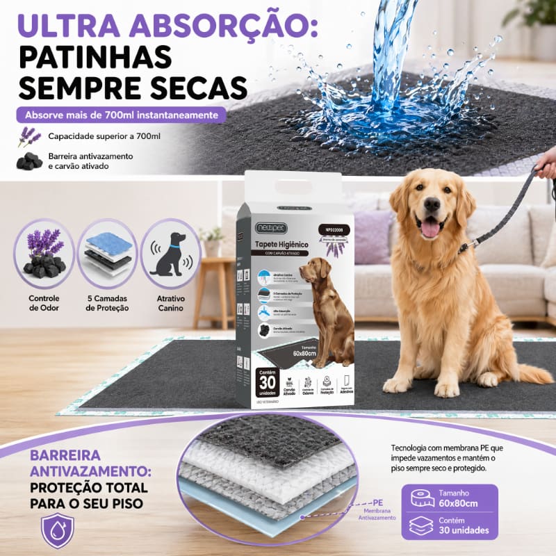 Tapete Higiênico Cães Bambu e Carvão Ativado Aroma Lavanda 30 Unidades Absorvente Anti Odor Tamanho 60x60cm / 80x60cm